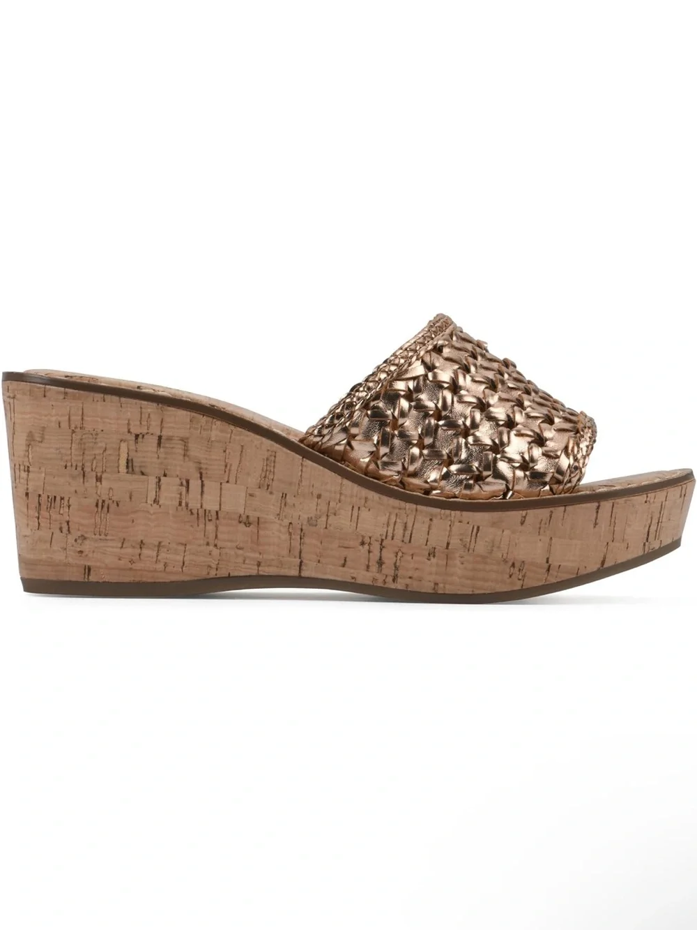 White Mountain Woven Metallic Cork Wedge Slide - Rose Gold